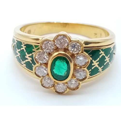 67 - AN 18CT YELLOW GOLD RING WITH BRILLIANT DIAMONDS AND EMERALDS.6.6gms  SIZE N