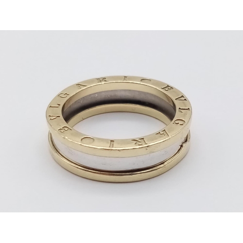 91 - 14CT 2 COLOUR GOLD BVLGARI STYLE RING, WEIGHT 7.4G SIZE P