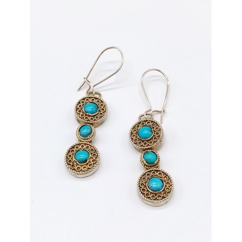 945 - Pair of Vintage Turquoise Filigree Yellow Metal EARRINGS.   3.0g     2.2 cm drop.