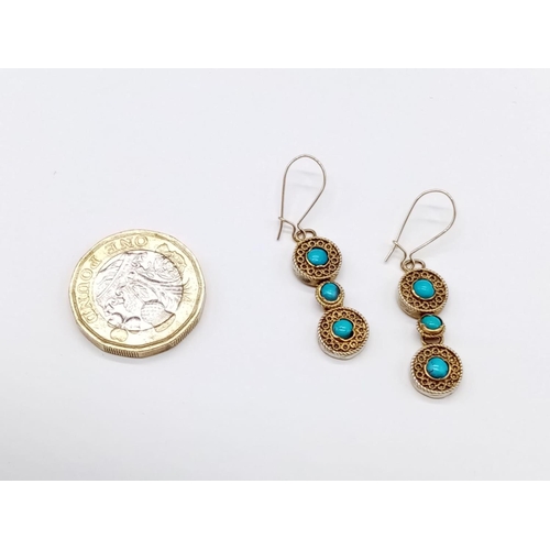 945 - Pair of Vintage Turquoise Filigree Yellow Metal EARRINGS.   3.0g     2.2 cm drop.