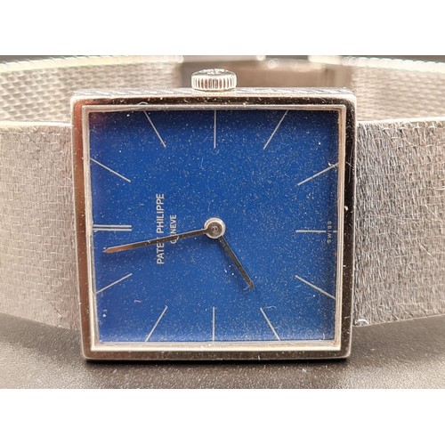 26 - PATEK PHILIPPE 18CT WHITE GOLD GENTS DRESS WATCH WITH SOLID GOLD STRAP, SQUARE BLUE FACE
AND MANUEL ... 
