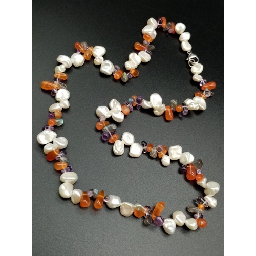 373 - Pearl, carnelian and amethyst necklace, weight 30g and 48cm long approx