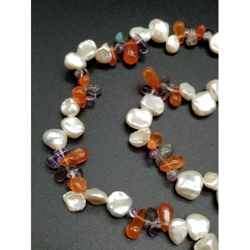 373 - Pearl, carnelian and amethyst necklace, weight 30g and 48cm long approx