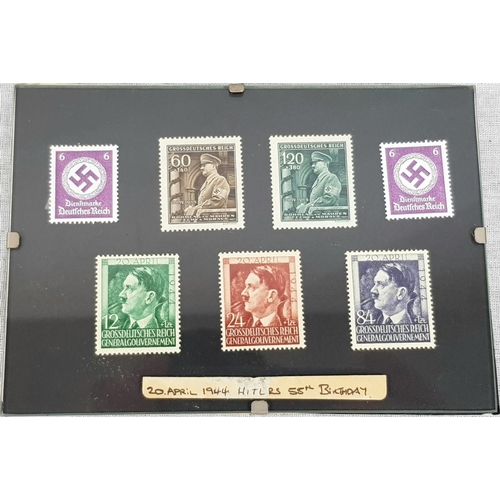 576 - 2x WW2 Third Reich Framed and glazed stamp sets- first set 1934-1945 with photo of Adolph Hitler in ... 