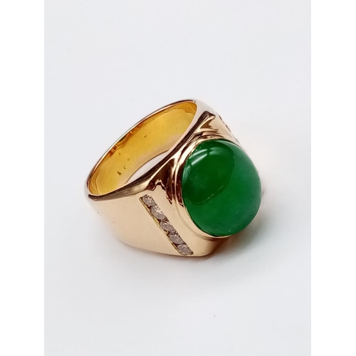 797 - 18ct Gold ring with natural jade stone and diamond shoulders. 16.2g total weight and size R.