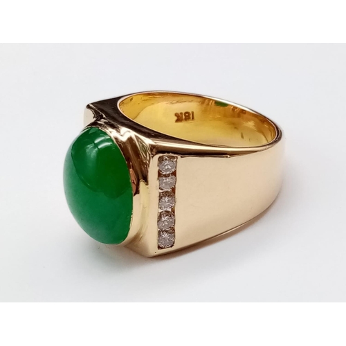 797 - 18ct Gold ring with natural jade stone and diamond shoulders. 16.2g total weight and size R.