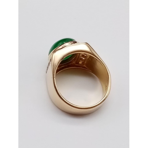 797 - 18ct Gold ring with natural jade stone and diamond shoulders. 16.2g total weight and size R.