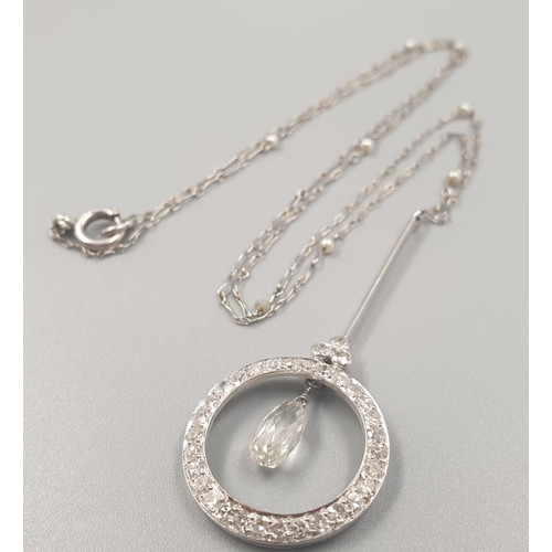92 - Art deco platinum diamond and pearl necklace, the centre diamond is Briolette cut pearl shaped appro... 