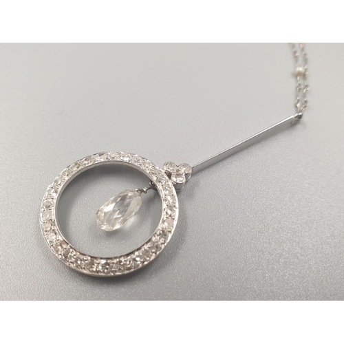 92 - Art deco platinum diamond and pearl necklace, the centre diamond is Briolette cut pearl shaped appro... 