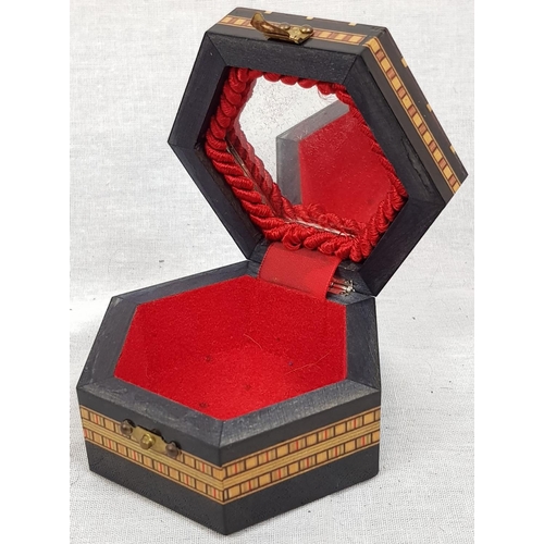 993 - Decorated Lacquered Wooden Hexagonal Spanish Trinket Box. Red felt interior plus hexagonal mirror.
9... 