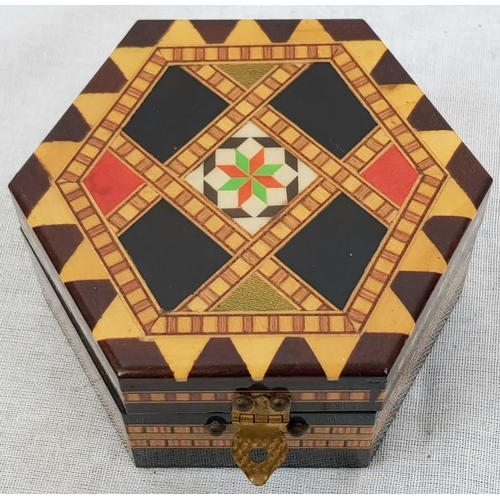 993 - Decorated Lacquered Wooden Hexagonal Spanish Trinket Box. Red felt interior plus hexagonal mirror.
9... 