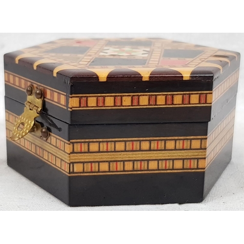 993 - Decorated Lacquered Wooden Hexagonal Spanish Trinket Box. Red felt interior plus hexagonal mirror.
9... 