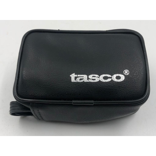 895 - TASCO Rubberised miniature concealable binoculars 9x6cms in travel zip bag, fully coated optics 303f... 