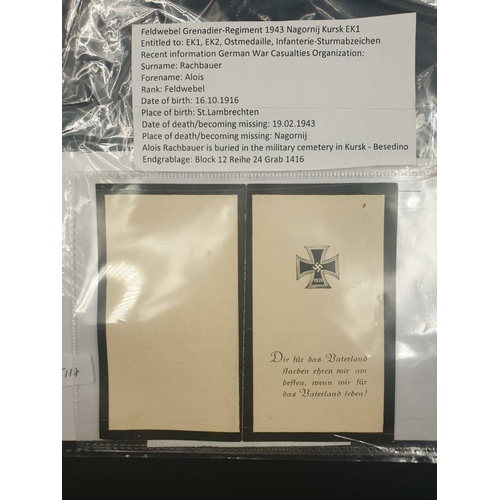 679 - 3 WW2 German Army Death Cards. All encapsulated in plastic, in good condition. Full English translat... 