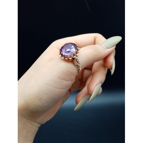 925 - 14ct Gold Large Amethyst Ring. The stone measures 15mm x 15mm with a Beautiful Zinnia cut.  Ring siz... 