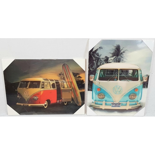 931 - A Pair of 3d VW Camper Van Pictures. As new, still wrapped. Backed on wood. 29 x 39cm.