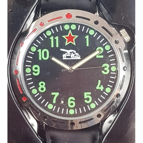 921 - Military Russian Tank Watch. Black Cloth strap. Black Dial. As New, Unused, in box.