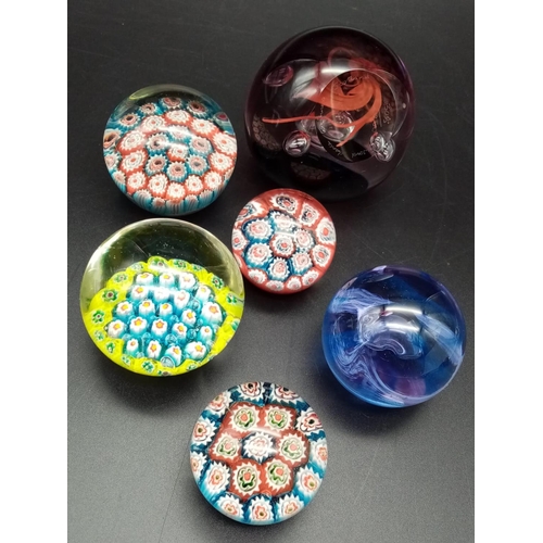 926 - A Selection of 6 Colourful Glass Paperweights. 8cm largest diameter.