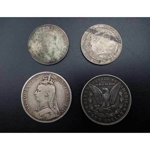 251 - 4 Antique and Vintage Coins. 1891 Crown, 1880 U.S.A Dollar, 1922 Half Crown and a 1928 Half Crown.