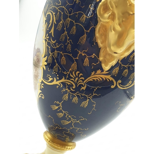 196 - A Coalport Porcelain Vase and Cover. Stunning Gilt and Cobalt Blue with a Hand-painted Scene of Duno... 