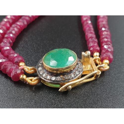 154 - A two row ruby gemstone necklace with emerald clasp with halo of rose cut diamonds vintage style 45.... 