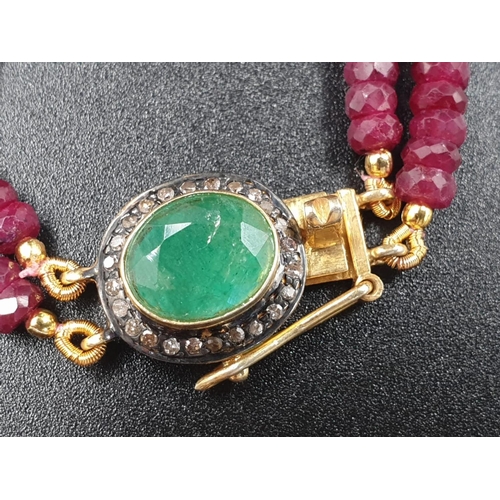 154 - A two row ruby gemstone necklace with emerald clasp with halo of rose cut diamonds vintage style 45.... 