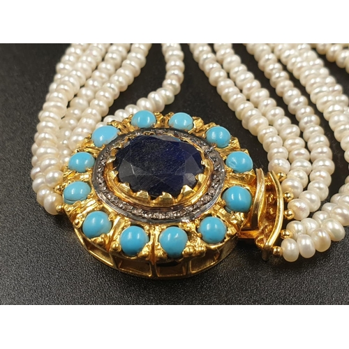 182 - Four row Pearl necklace with Blue sapphire and turquoise clasp cum brooch in sterling silver 49.5cm