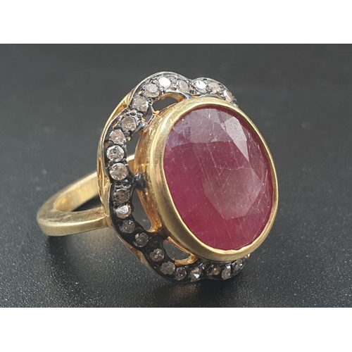 203 - A 10cts Ruby gemstone ring with a halo of rose cut diamonds in pave setting vintage style. Size N/O