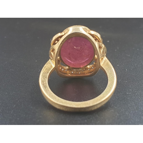 203 - A 10cts Ruby gemstone ring with a halo of rose cut diamonds in pave setting vintage style. Size N/O