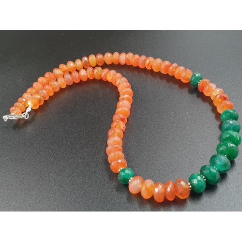 217 - 10-12mm, 257cts Carnelian Gemstone Necklace with emerald beads- Matching Emerald Dangler Earrings