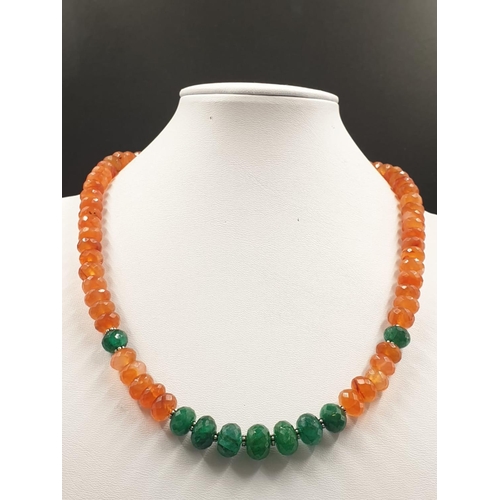 217 - 10-12mm, 257cts Carnelian Gemstone Necklace with emerald beads- Matching Emerald Dangler Earrings