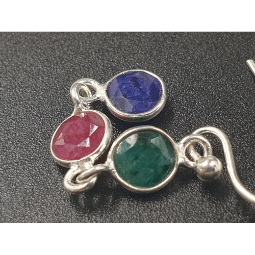 231 - 28 inches Long Ruby, emerald and Blue Sapphire long chain necklace in 925 silver with matching dangl... 