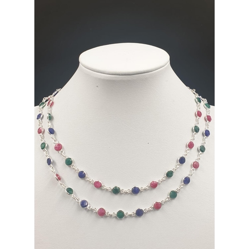 231 - 28 inches Long Ruby, emerald and Blue Sapphire long chain necklace in 925 silver with matching dangl... 