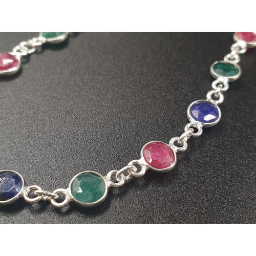 231 - 28 inches Long Ruby, emerald and Blue Sapphire long chain necklace in 925 silver with matching dangl... 