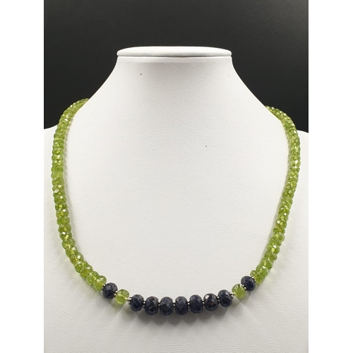 245 - 170cts Peridot and Blue sapphire gemstone necklace, 18 inches, 925 silver clasp