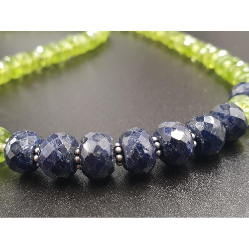 245 - 170cts Peridot and Blue sapphire gemstone necklace, 18 inches, 925 silver clasp