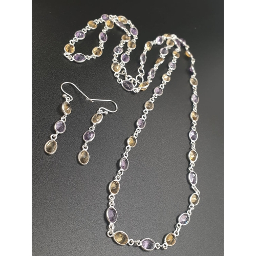 385 - Amethyst and Citrine 28 inches Long necklace in 925 silver, Gemstone size 6mm x 4mm