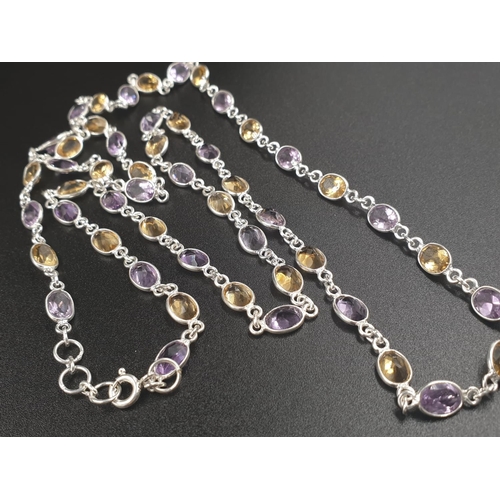 385 - Amethyst and Citrine 28 inches Long necklace in 925 silver, Gemstone size 6mm x 4mm