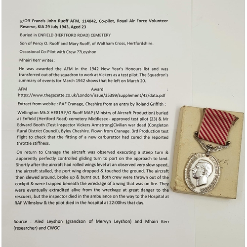 15 - A Silver George VI Air Force Medal (AFM) Awarded to Sergeant Francis John Ruoff, of the RAF in 1942.... 