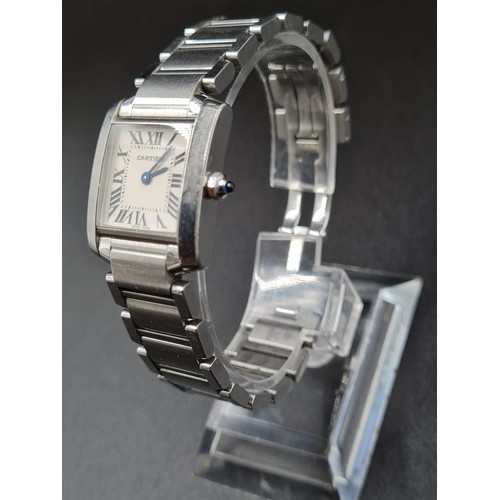 305 - A LADIES CARTIER TANK STYLE WATCH WITH QUARTZ MOVEMENT , ROMAN NUMERALS AND SAPHIRE WINDER 24MM