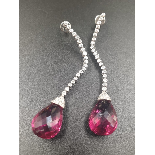 363 - a pair of 18ct white gold earrings with diamonds and a 6.5cm DROP TO NICELY CUT PINK TOURMALINE STON... 