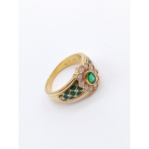 377 - AN 18CT YELLOW GOLD RING WITH BRILLIANT DIAMONDS AND EMERALDS.6.6gms  SIZE N