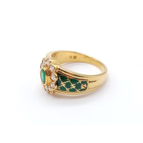 377 - AN 18CT YELLOW GOLD RING WITH BRILLIANT DIAMONDS AND EMERALDS.6.6gms  SIZE N