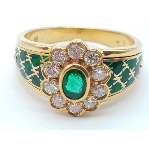 377 - AN 18CT YELLOW GOLD RING WITH BRILLIANT DIAMONDS AND EMERALDS.6.6gms  SIZE N