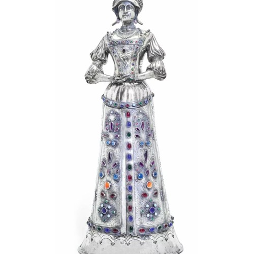 62 - ANTIQUE MONUMENTAL GERMAN SILVER AND GEM SET FIGURAL JEWEL CABINET SAFE HANAU C.1880.

A GERMAN SILV... 