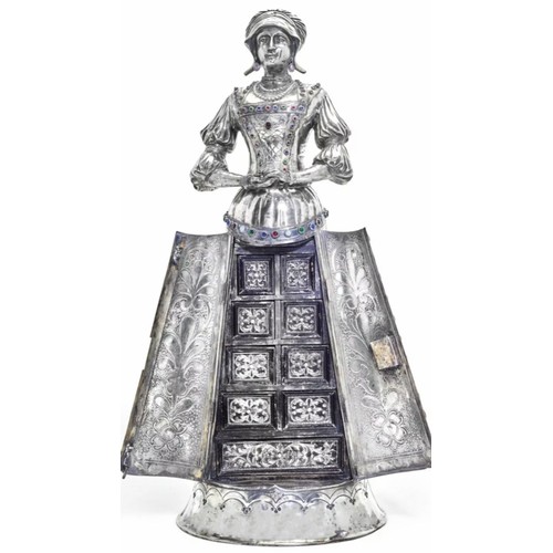 62 - ANTIQUE MONUMENTAL GERMAN SILVER AND GEM SET FIGURAL JEWEL CABINET SAFE HANAU C.1880.

A GERMAN SILV... 