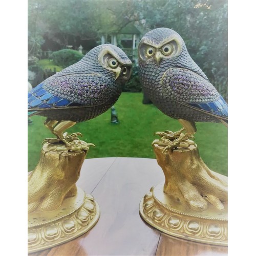 27 - Incredible 20thC pair of beautiful silver and bronze owls set with malachite ,Lapis lazuli and Ruby ... 