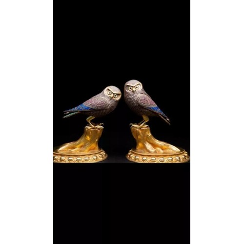 27 - Incredible 20thC pair of beautiful silver and bronze owls set with malachite ,Lapis lazuli and Ruby ... 