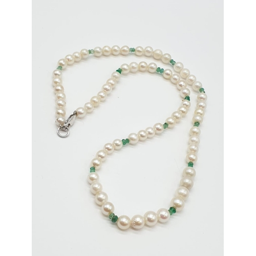 694 - Cultured Pearl and Emerald NECKLACE  with 9ct Gold Clasp.  16.3g   40cm