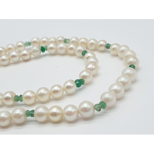 694 - Cultured Pearl and Emerald NECKLACE  with 9ct Gold Clasp.  16.3g   40cm